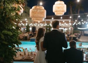 Couple giving a welcome toast during their wedding reception at the Bougainvillea Estate in Palm Springs